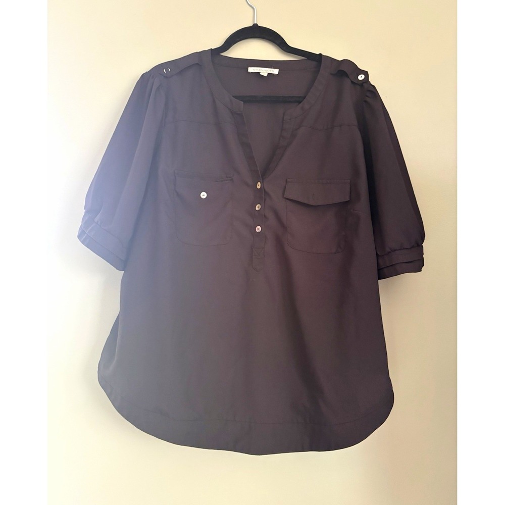 41 Hawthorn Black Woven Polyester V-Neck 3/4 Sleeve Button Front Blouse 2X